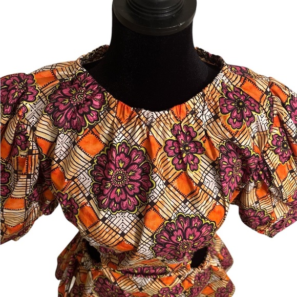 $495 Autumn Adeigbo Ilona Purple Puff Sleeve Cut Out Purple Orange Pattern 0023 - Picture 4 of 9